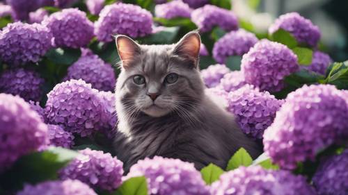 A stylized purple kawaii cat perched on a bed of hydrangeas.