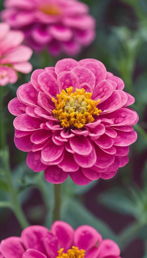 A zinnia flower with vivid pink petals and bright yellow center.