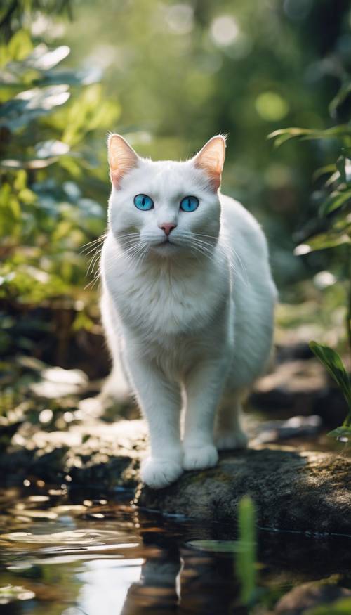 A white cat with odd eyes, one blue and one green, calmly observing a forest stream. Tapet [feba666482774739b405]