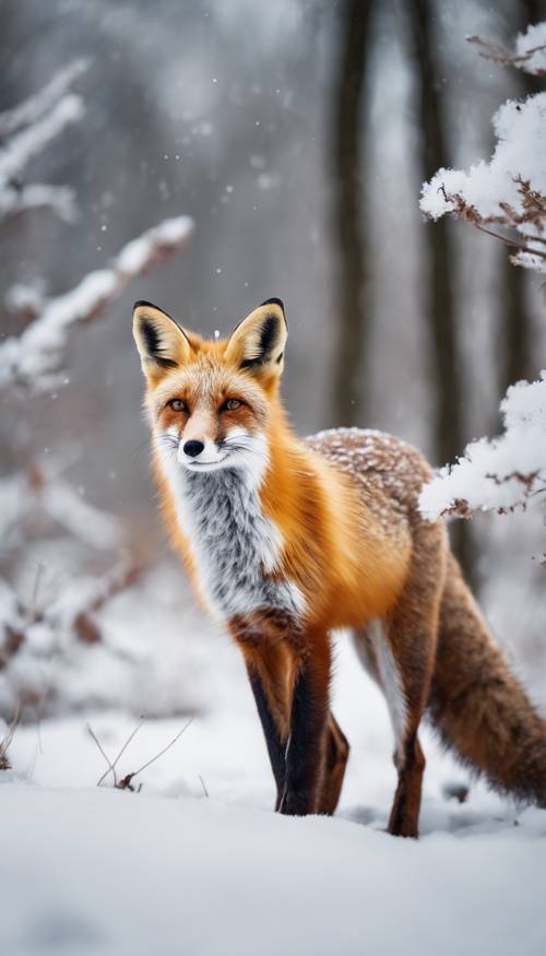 A curious red fox exploring a snowy landscape during a bright day.
