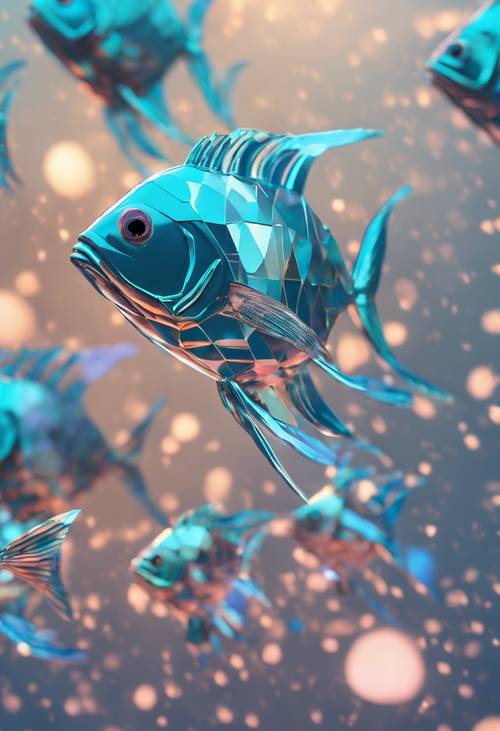 Abstrakcyjny obraz błyszczącej, błękitnej ryby złożonej z opalizujących wielokątów.
