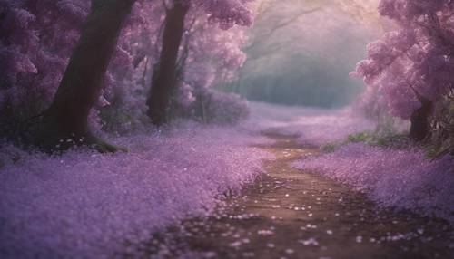 A path strewn with fallen lilac petals, leading to a distant, misty forest. Tapeta [31709d32b64a4d00b37a]