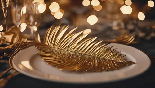 A festive scene with a golden palm leaf used as a decoration in a dinner setting.