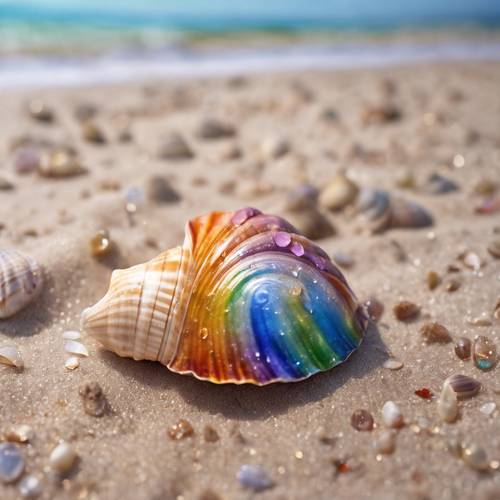 Uma concha em forma de coração exibindo as cores do arco-íris em uma praia arenosa.