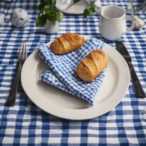 A neatly folded blue and white checkered napkin on a dinner plate.
