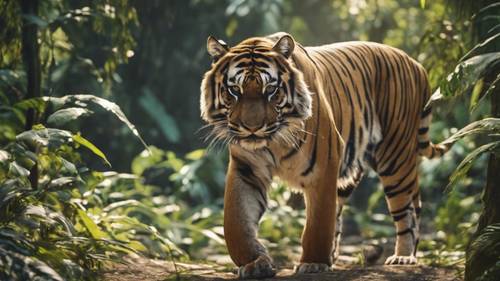 Widok z lotu ptaka na dużego tygrysa bengalskiego o majestatycznych kolorach, grasującego w gęstej dżungli