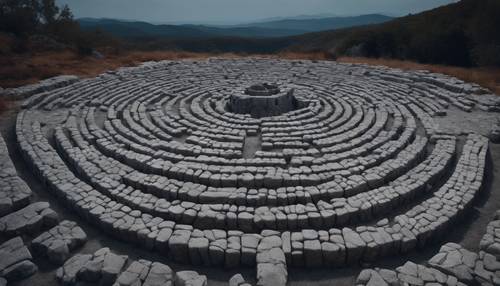 Un labyrinthe entièrement constitué de pierres grises patinées sous un ciel étoilé