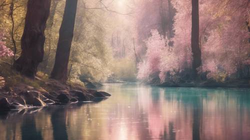 An ethereal forest filled with pastel-colored trees and a sparkling river under the soft sunlight.