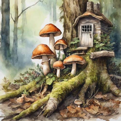 A hand-drawn watercolor image of a collection of wild mushrooms nestled near a mossy tree stump, within eye-sight of a quaint cottage.