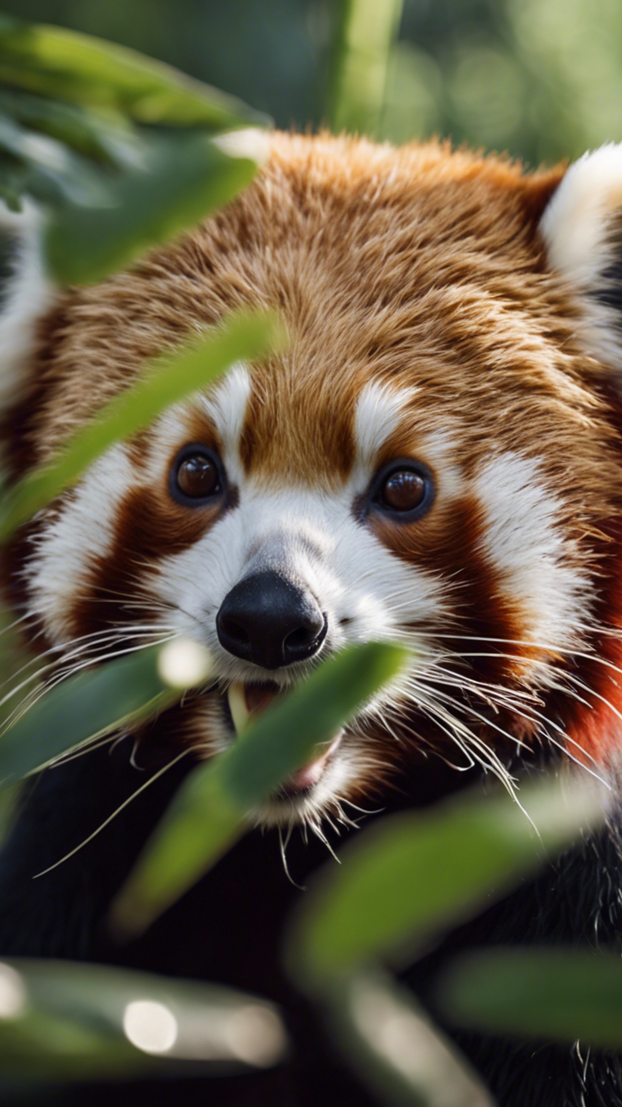 A close-up of a red panda munching on bamboo leaves Tapet[20c4a1c4fccc4fa88325]