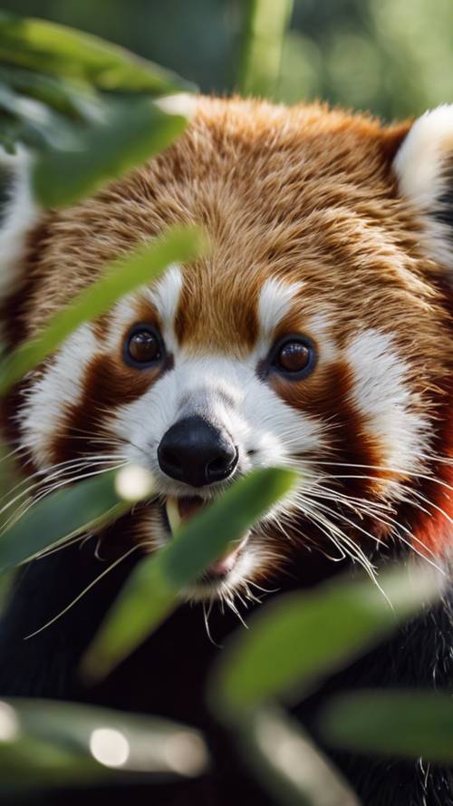 Tampilan jarak dekat dari panda merah yang sedang mengunyah daun bambu