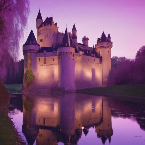 Ein geheimnisvolles altes Schloss in der Dämmerung, beleuchtet von violettem Licht, das sich in einem ruhigen Burggraben spiegelt.