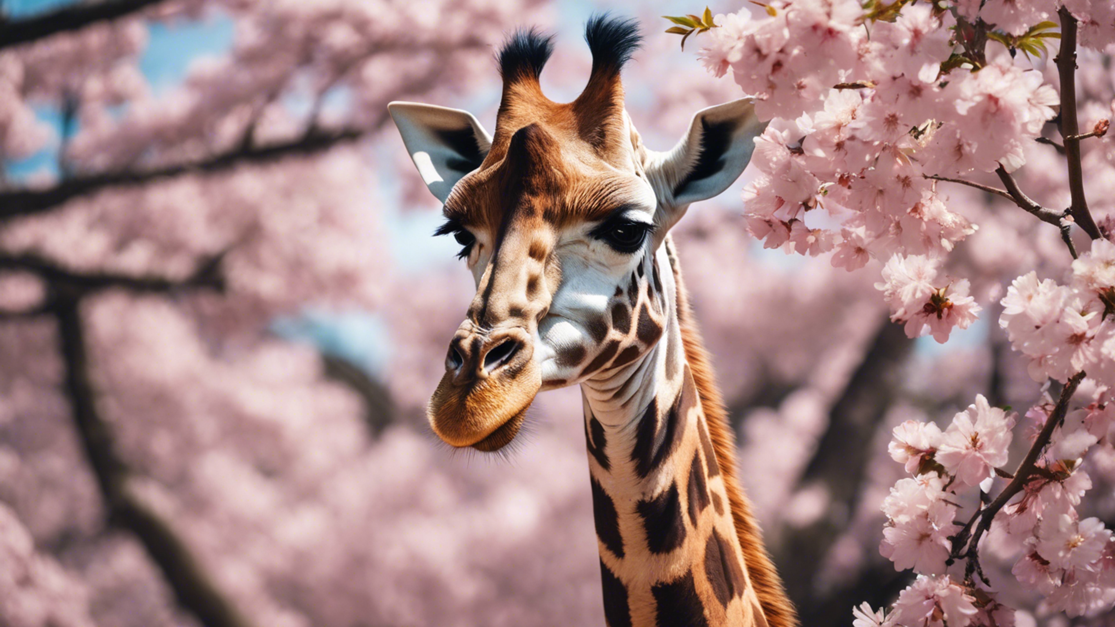 A giraffe hiding playfully behind a cherry blossom tree in full bloom.壁紙[1212acafafba4b4d89bd]