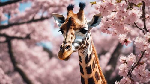 Eine Giraffe versteckt sich spielerisch hinter einem Kirschblütenbaum in voller Blüte.