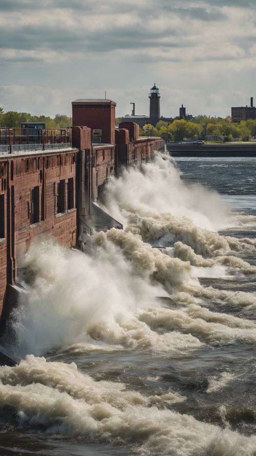 Dynamic rapids of the St. Mary's River surging past the historic Soo Locks in Sault Ste. Marie, Michigan.