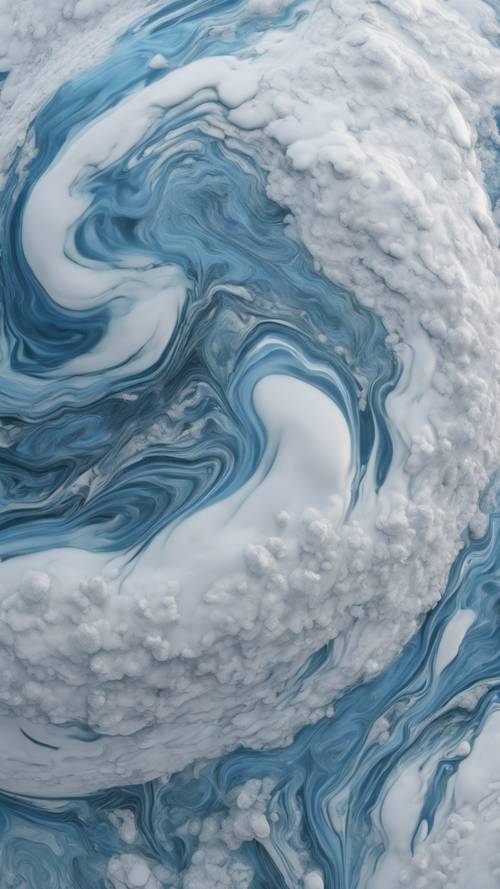 Primo piano di marmo blu brillante simile alla Terra, avvolto da vorticose formazioni di nuvole bianche.