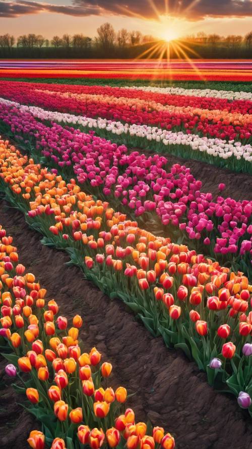 A stunning sunset over a treeless, striped tulip field, the rows of different colored flowers painting a striped landscape.