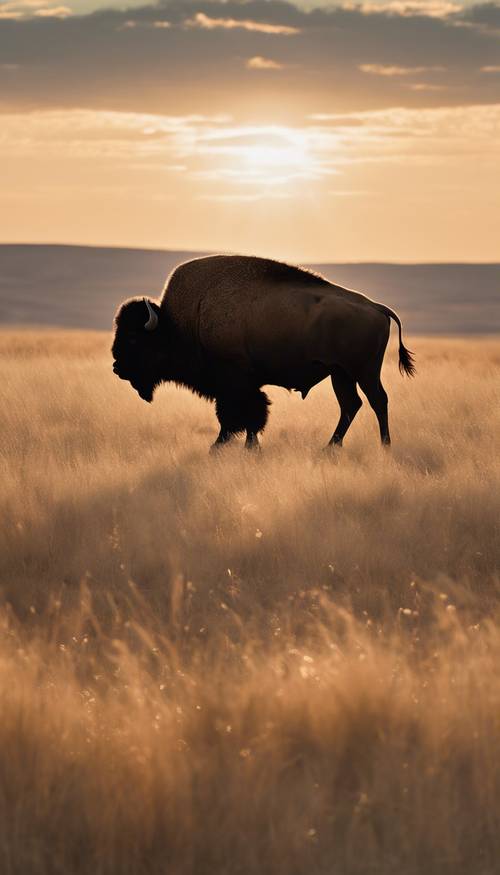 Un bison solitaire se découpant sur le soleil couchant dans une prairie vide et balayée par le vent.