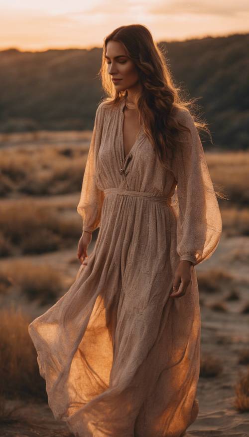 Eine Frau in einem fließenden beigen Boho-Kleid vor der Kulisse eines Sonnenuntergangs