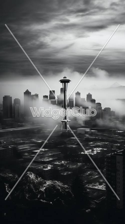 Skyline von Seattle in neblig-monochrom