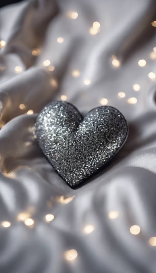 Um coração prateado com glitter adornando uma almofada de veludo preto.