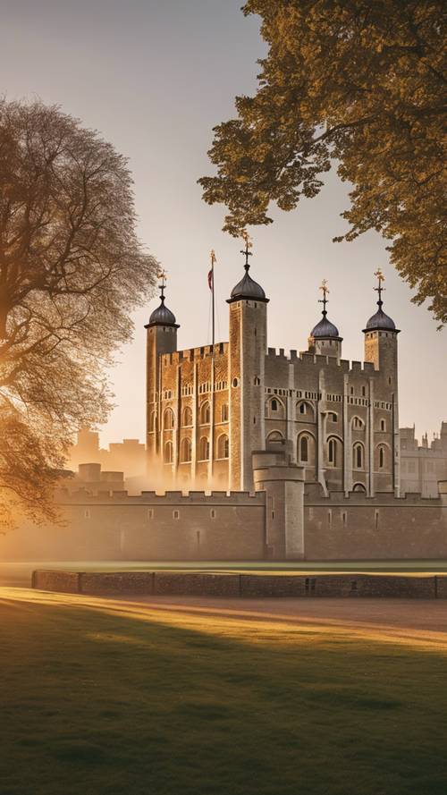 Serene sunrise over the Tower of London, with the morning fog gently cloaking the historical structure. Tapet [59f2e0e4ece4485da29a]