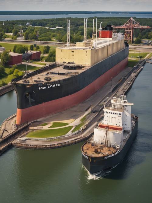 Sault Ste. Marie's famous Soo Locks, freighters passing through, depicted in a realistic painting. Tapeta [4574c3f4024e46d59823]