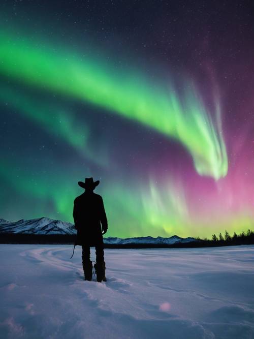 A cowboy silhouetted against a beautiful aurora borealis, on a cold night.
