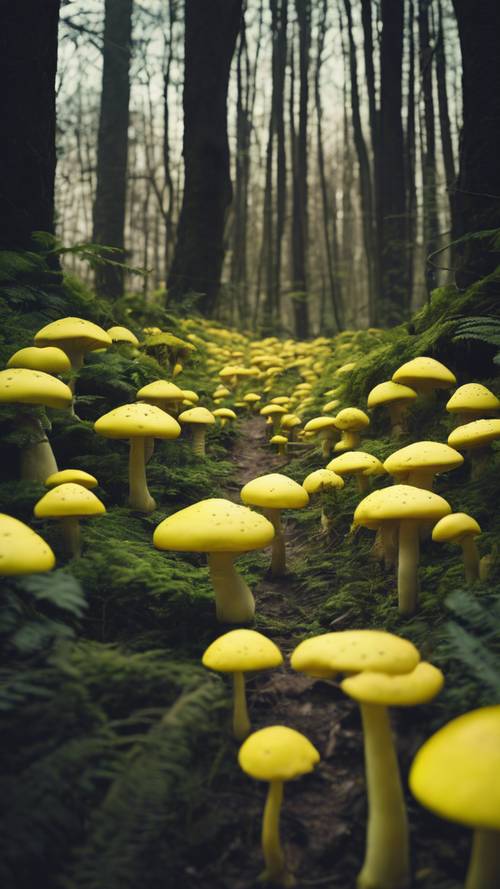 A lush, surreal forest path lined with luminescent neon yellow mushrooms. Tapeta [7112d4cd02d0486fa907]