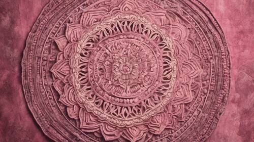 Um cativante padrão de mandala impresso em uma tapeçaria rosa pendurada em uma parede de pedra envelhecida.