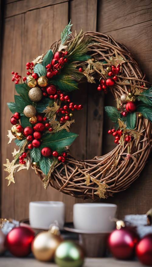 Coronas navideñas de ratán marrón bellamente tejidas y adornadas con adornos rojos, verdes y dorados.