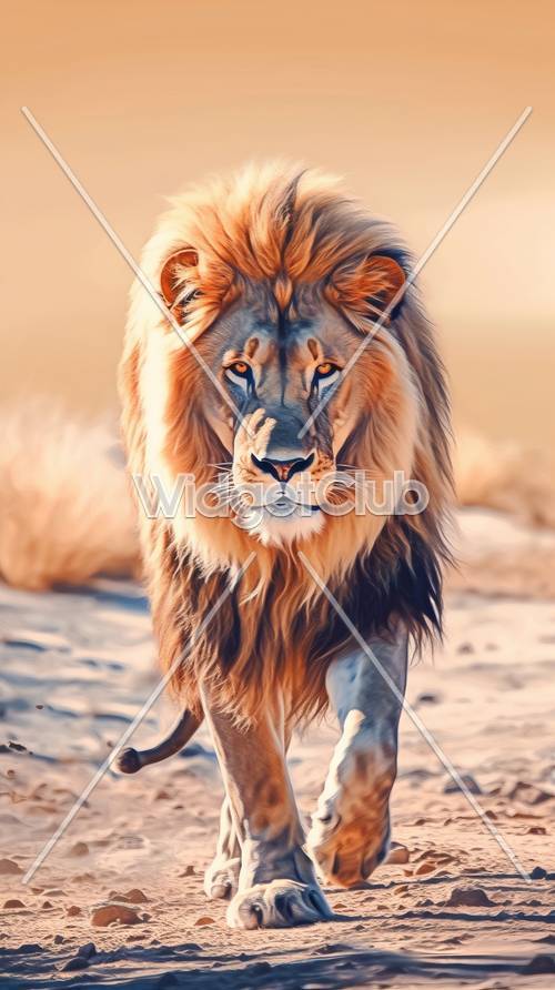 León majestuoso caminando sobre la arena
