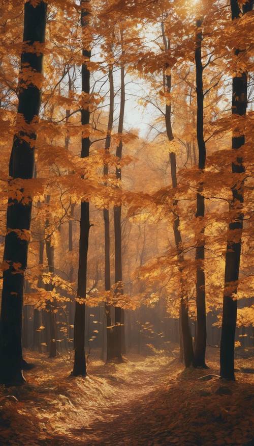 Pemandangan hutan musim gugur yang semarak dengan dedaunan daun oranye dan emas.