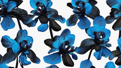 Wzór tkaniny przedstawiający jaskrawoniebieskie orchidee na ciemnym, kontrastowym, czarnym tle.
