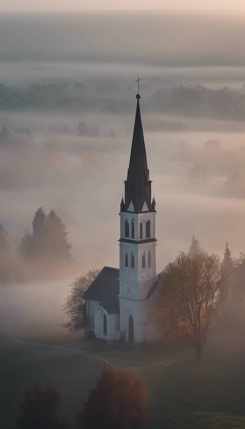 Una fitta nebbia ricopre una tranquilla cittadina all&#39;alba, solo il campanile della chiesa spunta tra le nuvole.