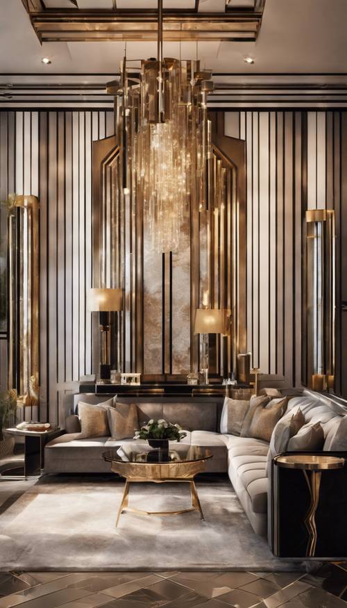 A bold and luxurious modern Art Deco living room with geometric patterns and metallic accents. Tapet [2b32a7460f484af2933e]