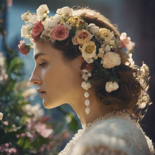 Profil kobiety ozdobiony kwiatami zamiast rysów, przywołujący na myśl styl Botticellego.