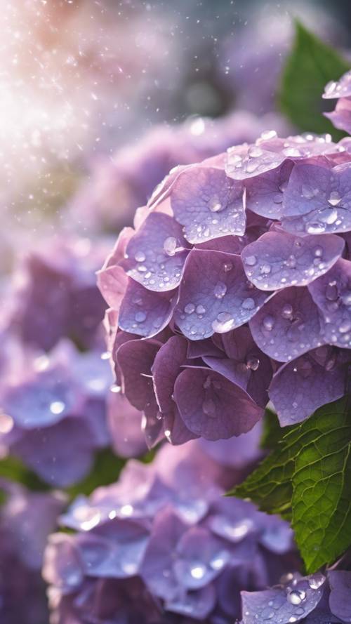 De belles fleurs d&#39;hortensia violet clair avec des gouttes de rosée scintillant sur les pétales.