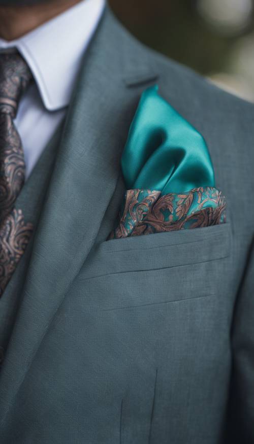 Un hermoso pañuelo de bolsillo de damasco verde azulado que sobresale de un traje gris.