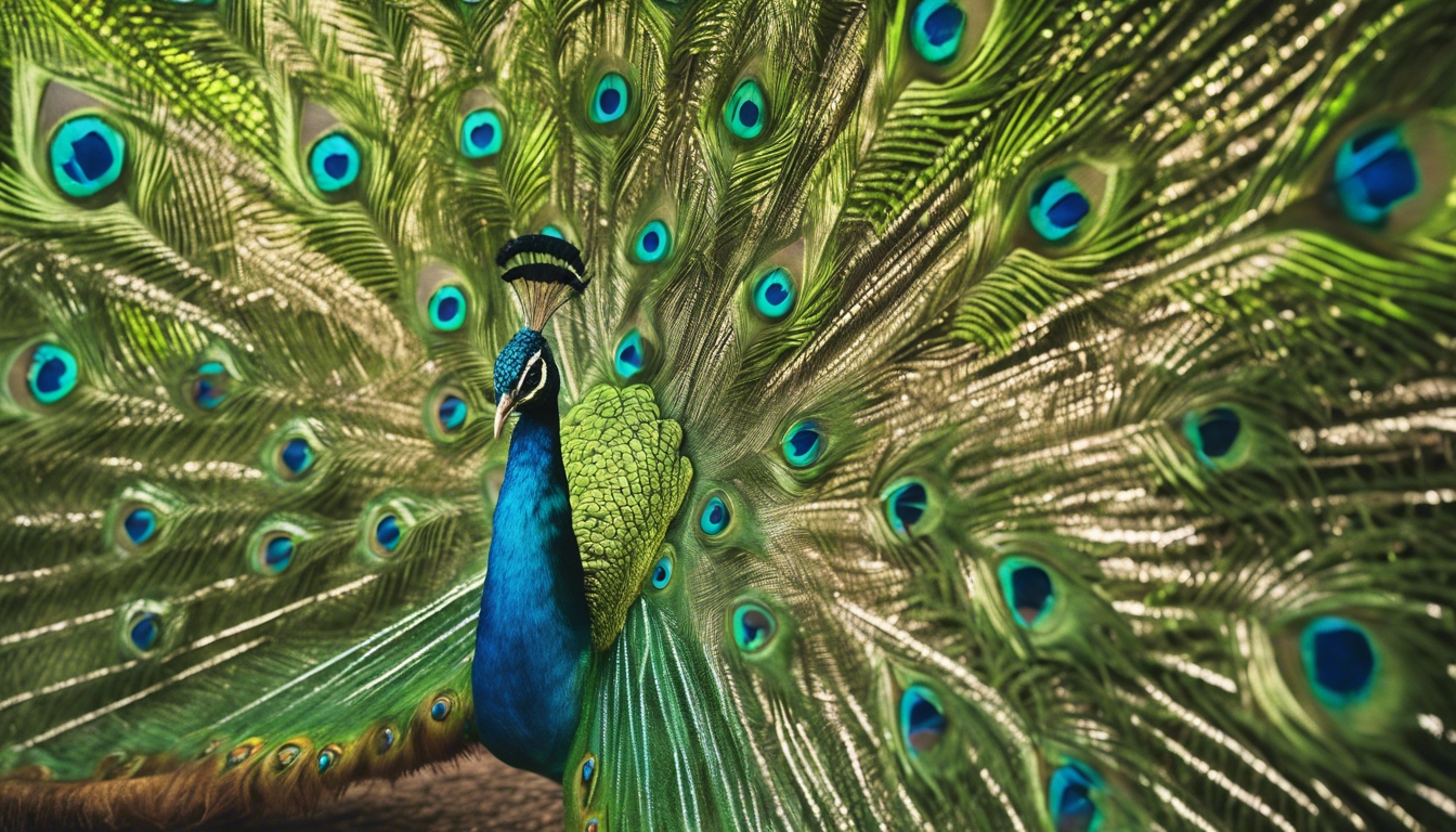 Portray a lime green peacock with its magnificent feather train beautifully displayed. Sfondo[1d0a1adf7f594622b8ad]