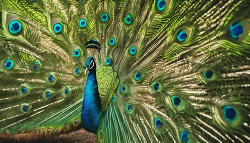 Portray a lime green peacock with its magnificent feather train beautifully displayed.