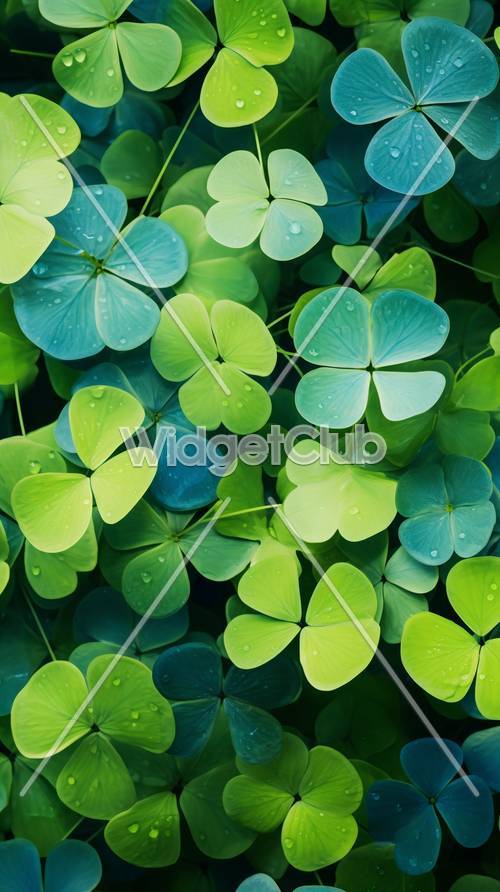 Chłodne niebieskie i zielone liście z kroplami rosy