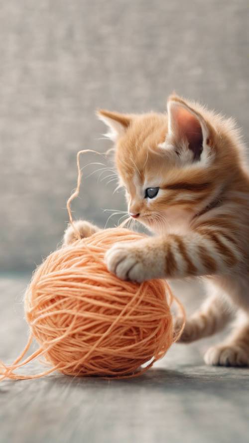 Pastel turuncu kürklü bir kedi yavrusu iplik yumağıyla oynuyor.