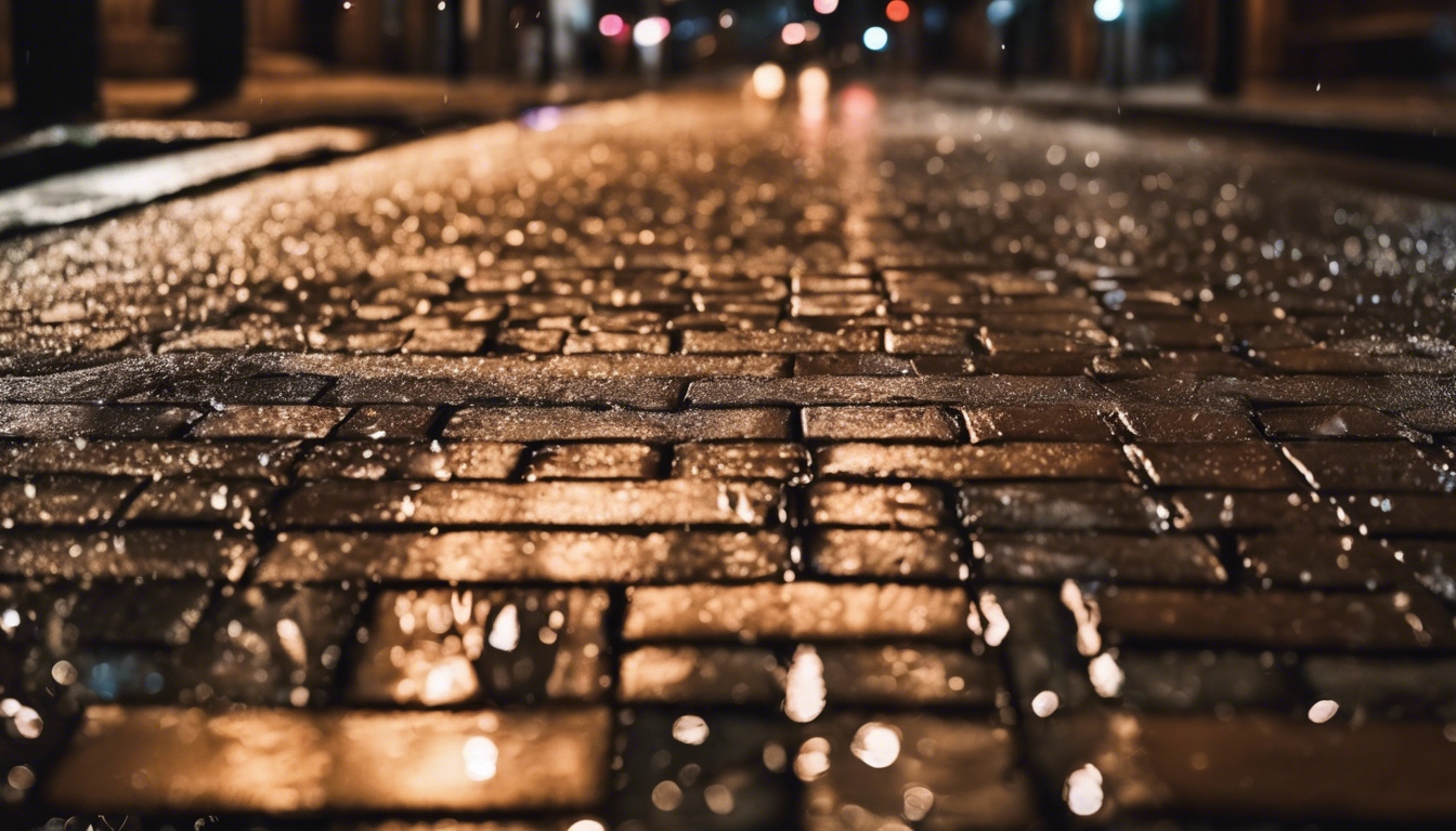 Tan bricks on a rain-slicked street at night. Tapeet[605af2bb9dda454cbc11]