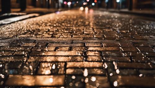 Hellbraune Ziegel auf einer regennassen Straße bei Nacht.