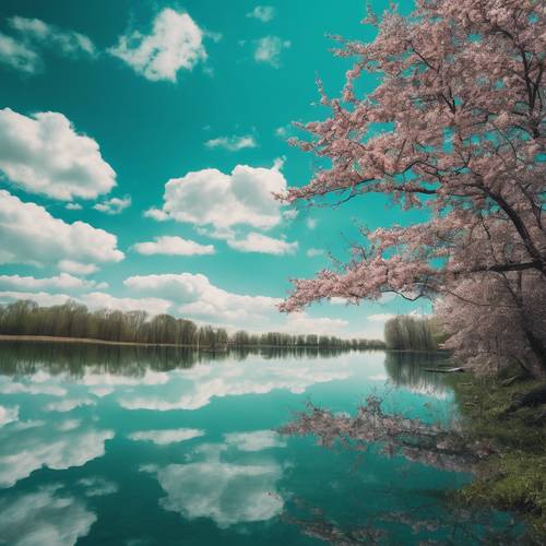ทะเลสาบอันเงียบสงบสะท้อนท้องฟ้าสีน้านที่สดใสในฤดูใบไม้ผลิ