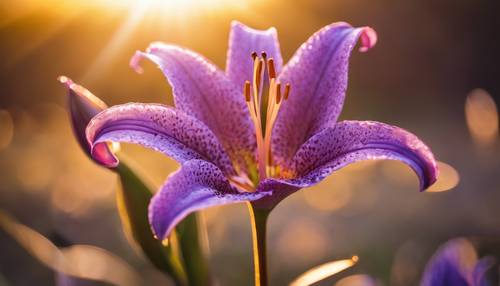 Eine violette Lilie, die direkt der goldenen Morgensonne zugewandt ist.