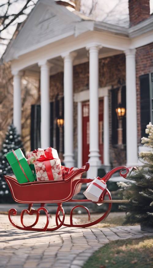 Un trineo navideño lleno de regalos envueltos con estilo frente a una casa colonial.