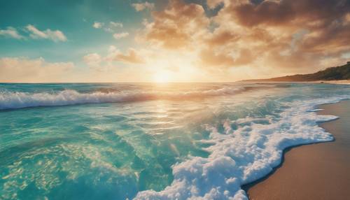 Matahari terbit di pantai berwarna biru kehijauan dipercantik dengan efek kilau lembut.