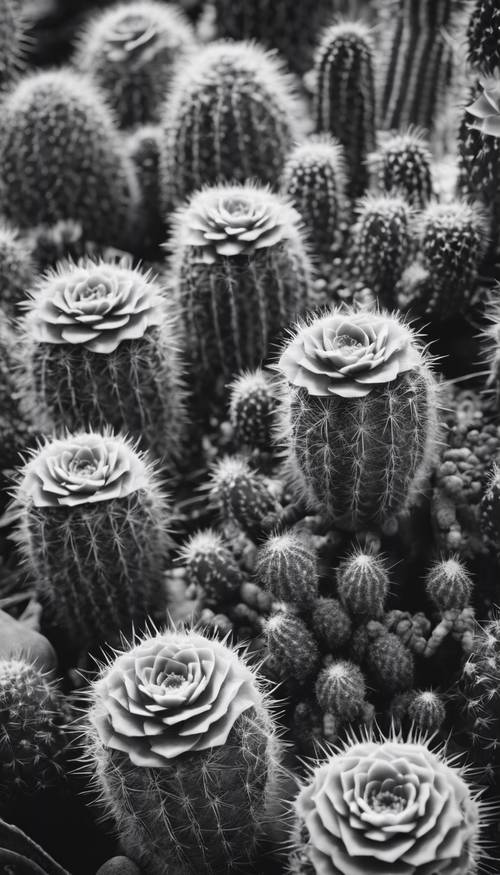 Stara czarno-biała pocztówka przedstawiająca wiele kaktusów w pełnym rozkwicie.